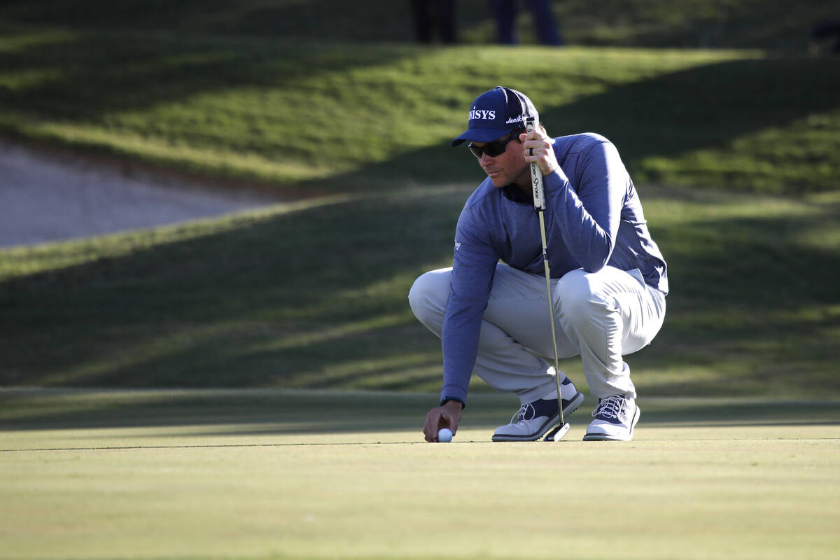 Adam Schenk lines up a putt on the 16th green during the third round of the Shriners Hospitals ...