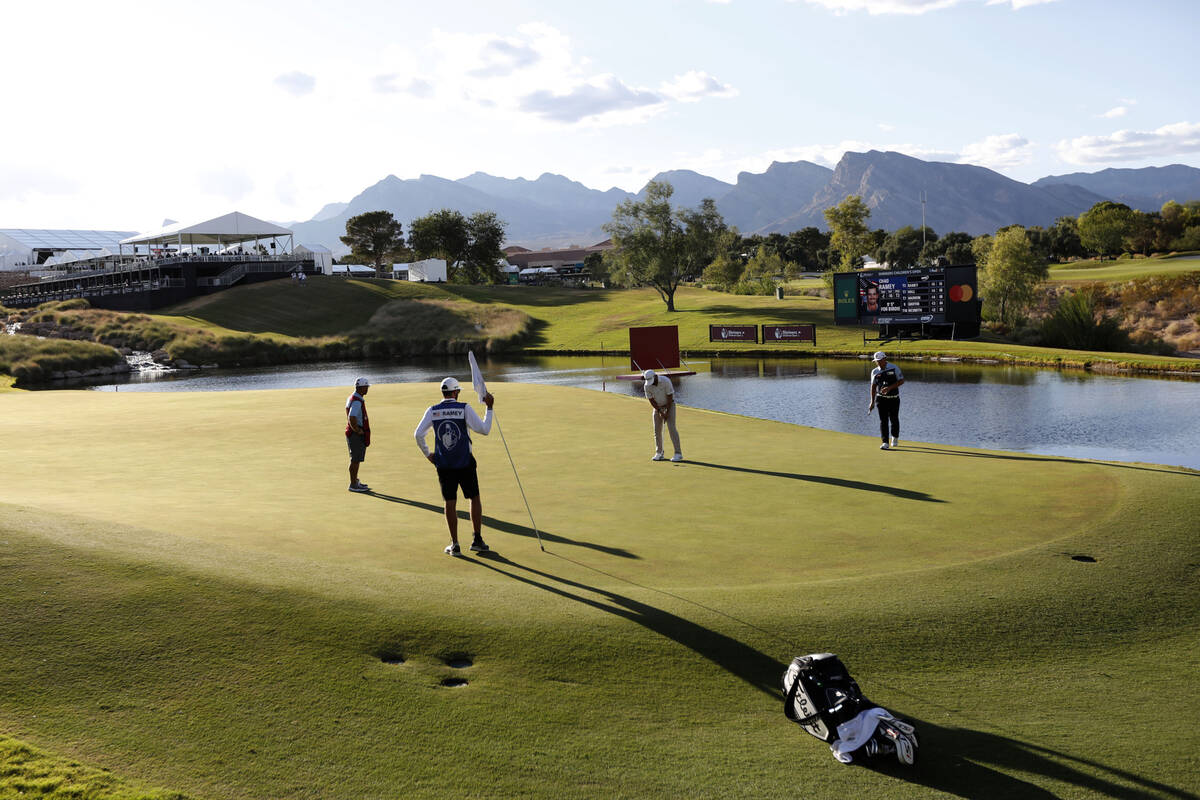 Chad Ramey, center, putts on the 17th green during the third round of the Shriners Hospitals fo ...