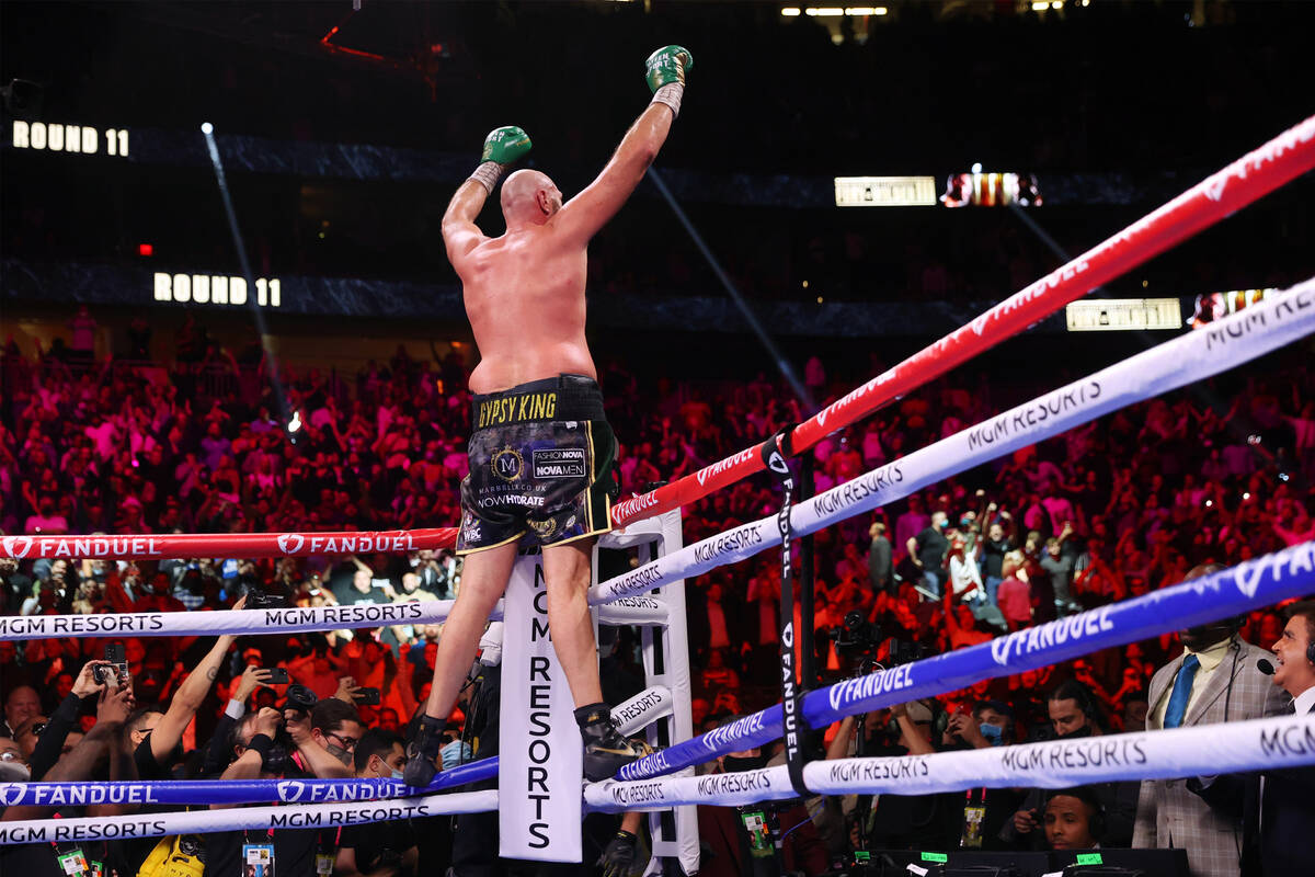 Tyson Fury celebrates his knockout win against Deontay Wilder in the 11th round of the WBC Heav ...