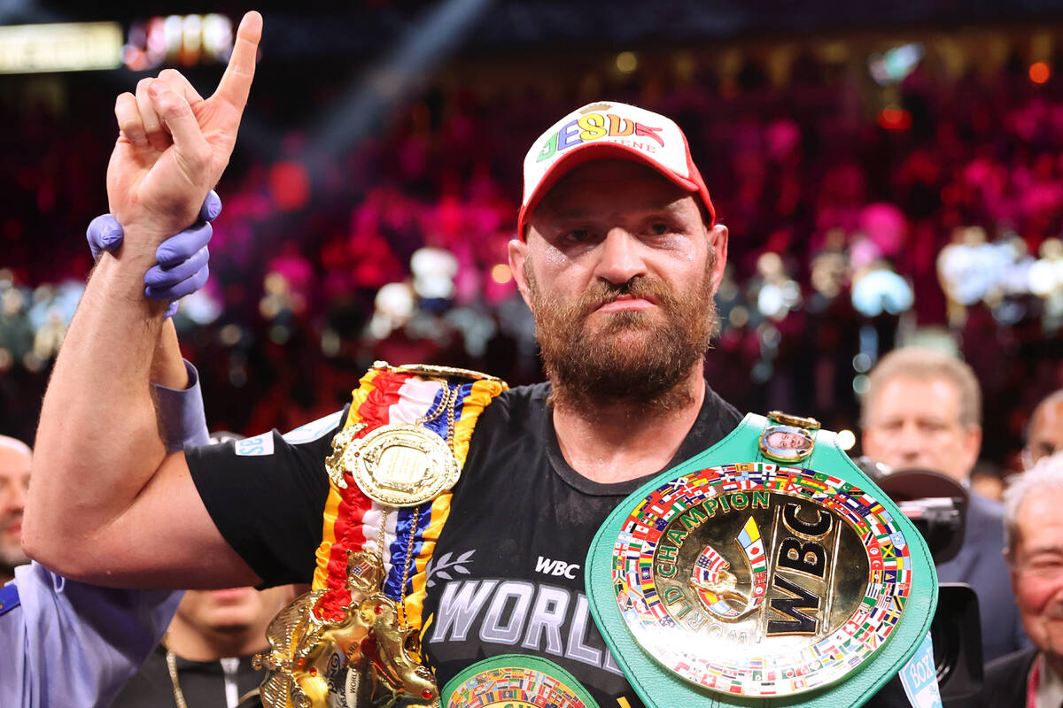 Tyson Fury poses after his knockout win against Deontay Wilder in the 11th round of the WBC Hea ...