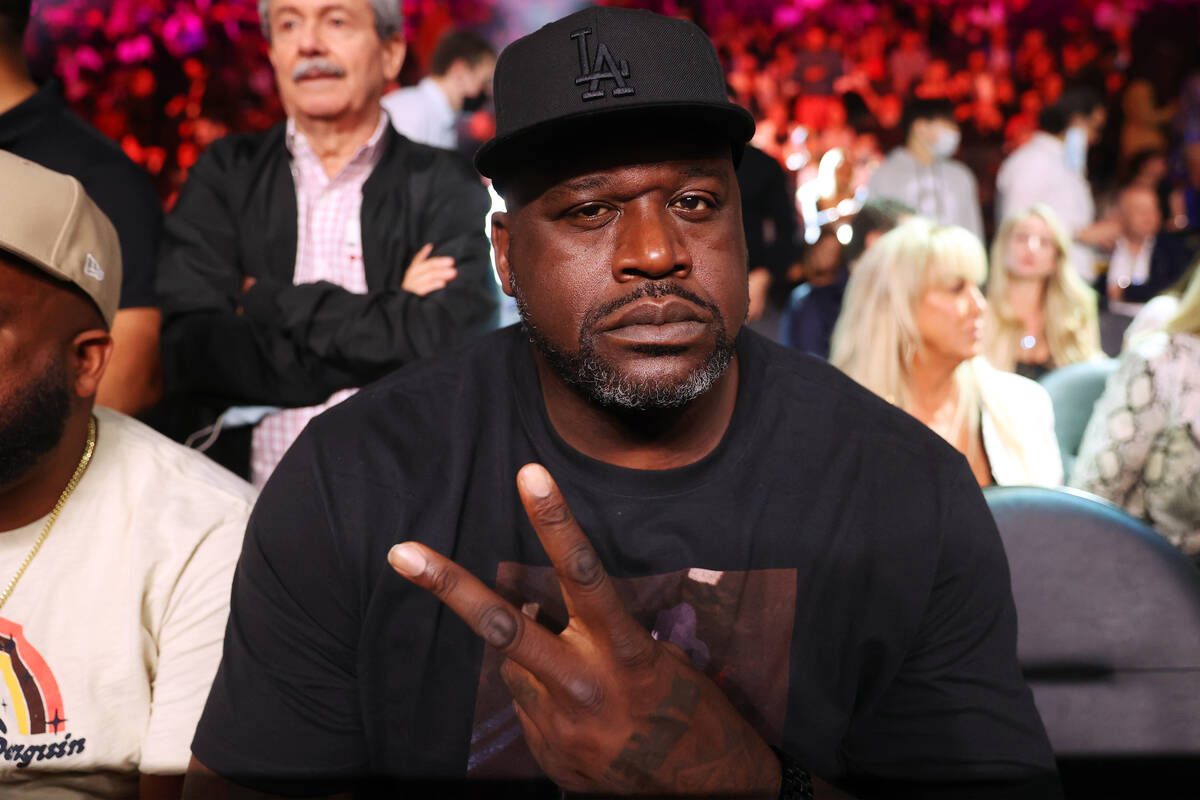 Shaquille O'Neal attends a boxing event at T-Mobile Arena in Las Vegas, Saturday, Oct. 9, 2021. ...