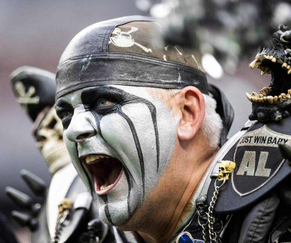 Raiders fans during an NFL football game against the Chicago Bears on Sunday, Oct. 10, 2021, at ...