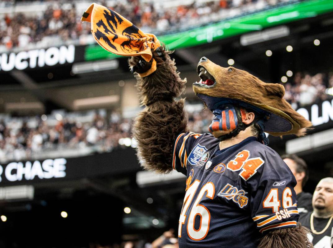 Chicago Bears fans during an NFL football game against the Raiders on Sunday, Oct. 10, 2021, at ...