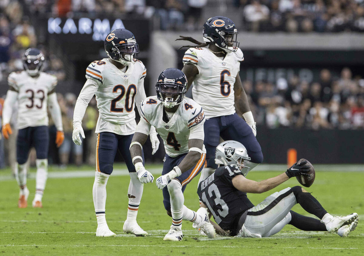 Chicago Bears free safety Eddie Jackson (4) celebrates after stopping Raiders wide receiver Hun ...