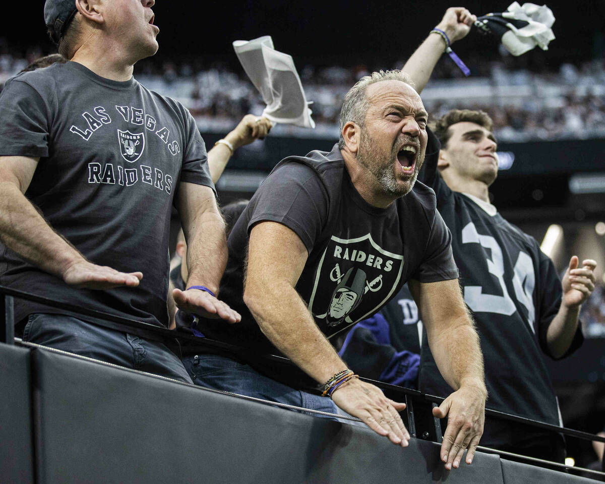 Raiders fans during an NFL football game against the Chicago Bears on Sunday, Oct. 10, 2021, at ...