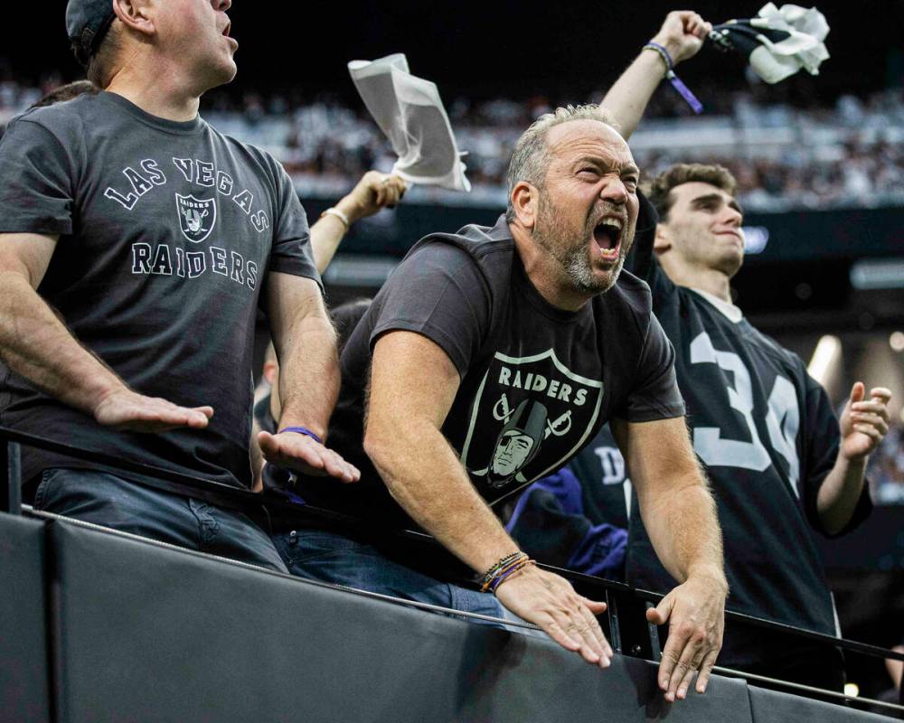 Raiders fans during an NFL football game against the Chicago Bears on Sunday, Oct. 10, 2021, at ...