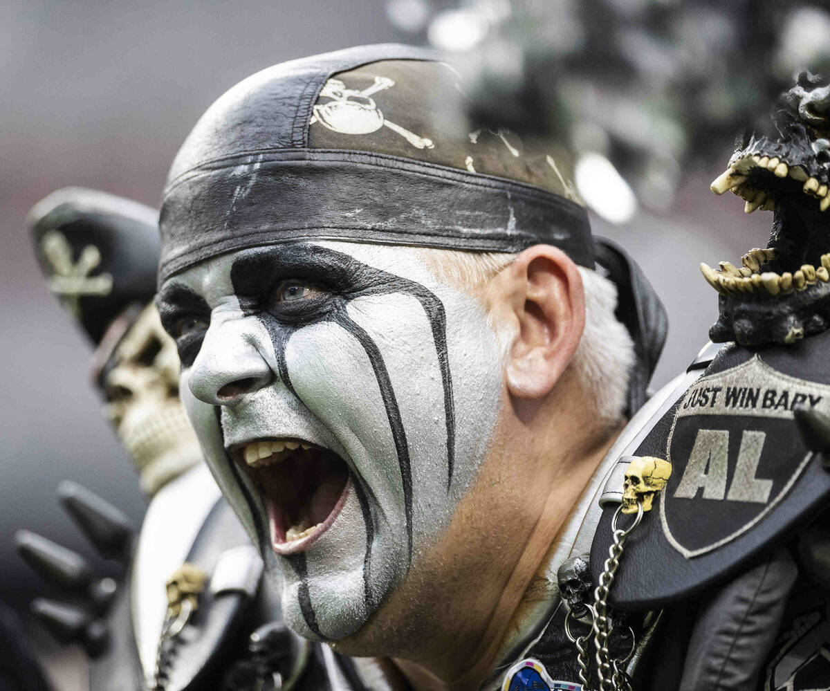 Raiders fans during an NFL football game against the Chicago Bears on Sunday, Oct. 10, 2021, at ...