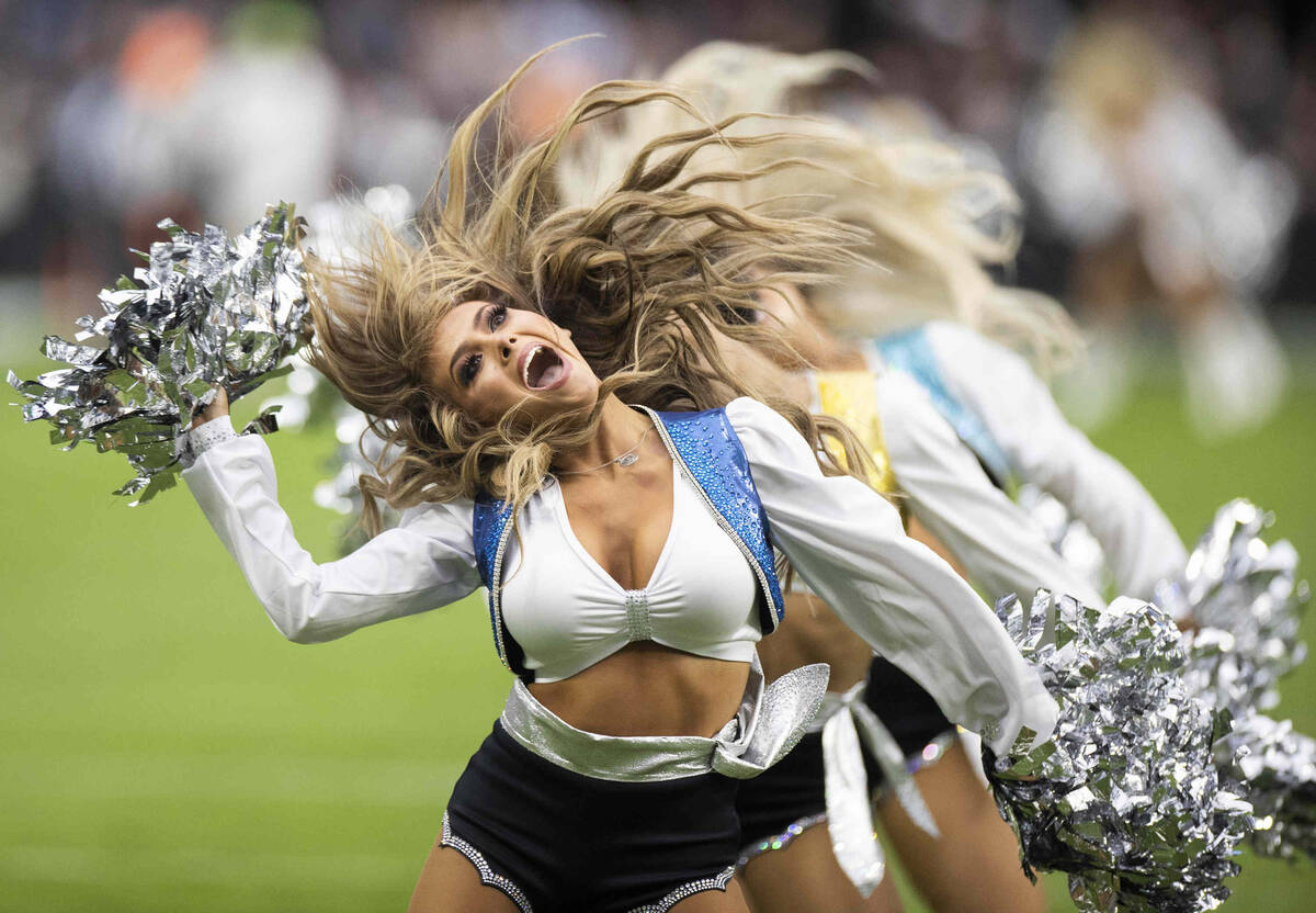 The Raiderettes perform during an NFL football game against the Chicago Bears on Sunday, Oct. 1 ...