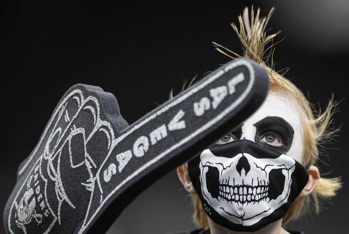 Raiders fans during an NFL football game against the Chicago Bears on Sunday, Oct. 10, 2021, at ...
