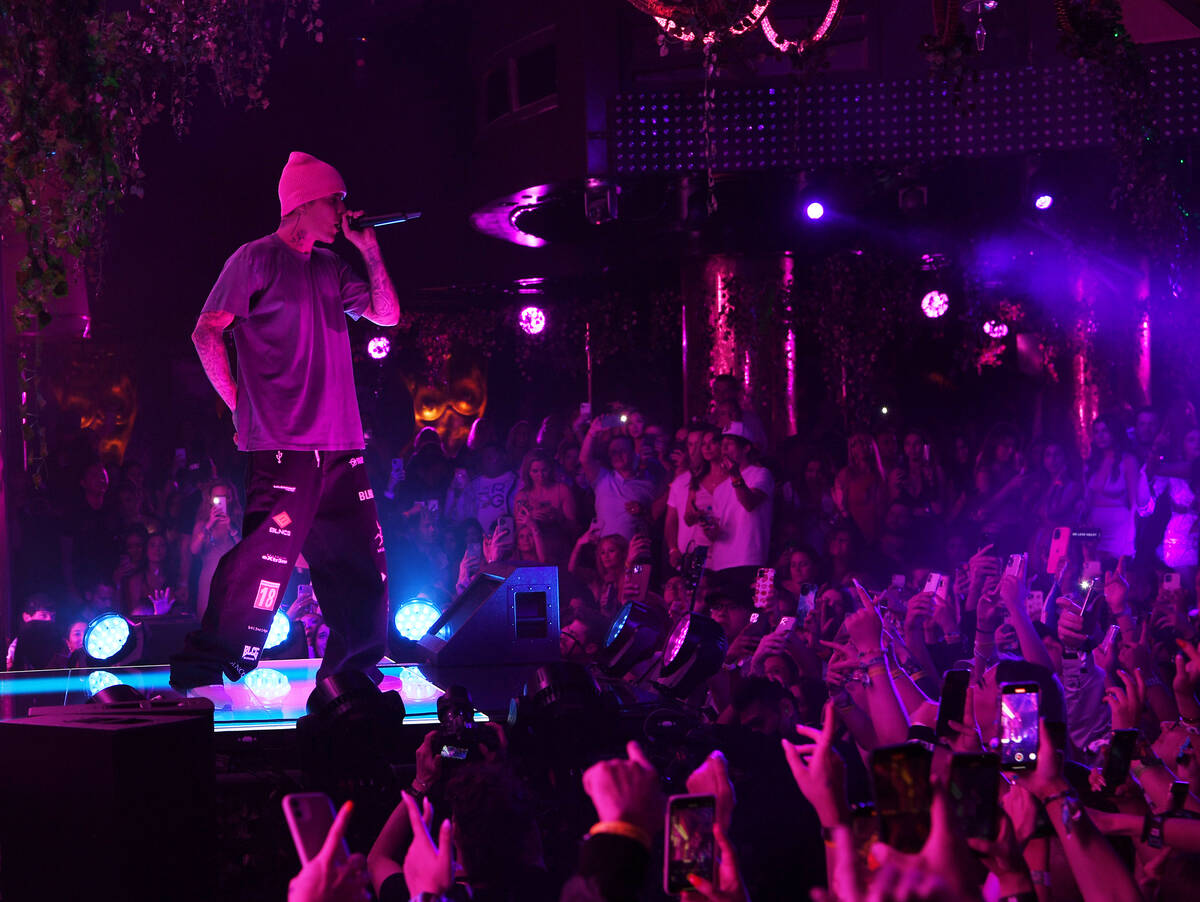 Pop superstar Justin Bieber performs at XS Nightclub at Wynn Las Vegas on Oct. 9 as part of "Ju ...