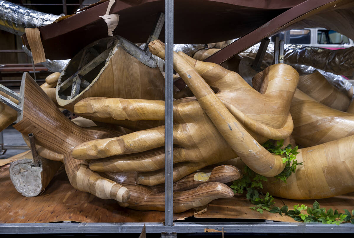 Former sculpture pieces are stored for future use within the Electric Daisy Carnival warehouse ...