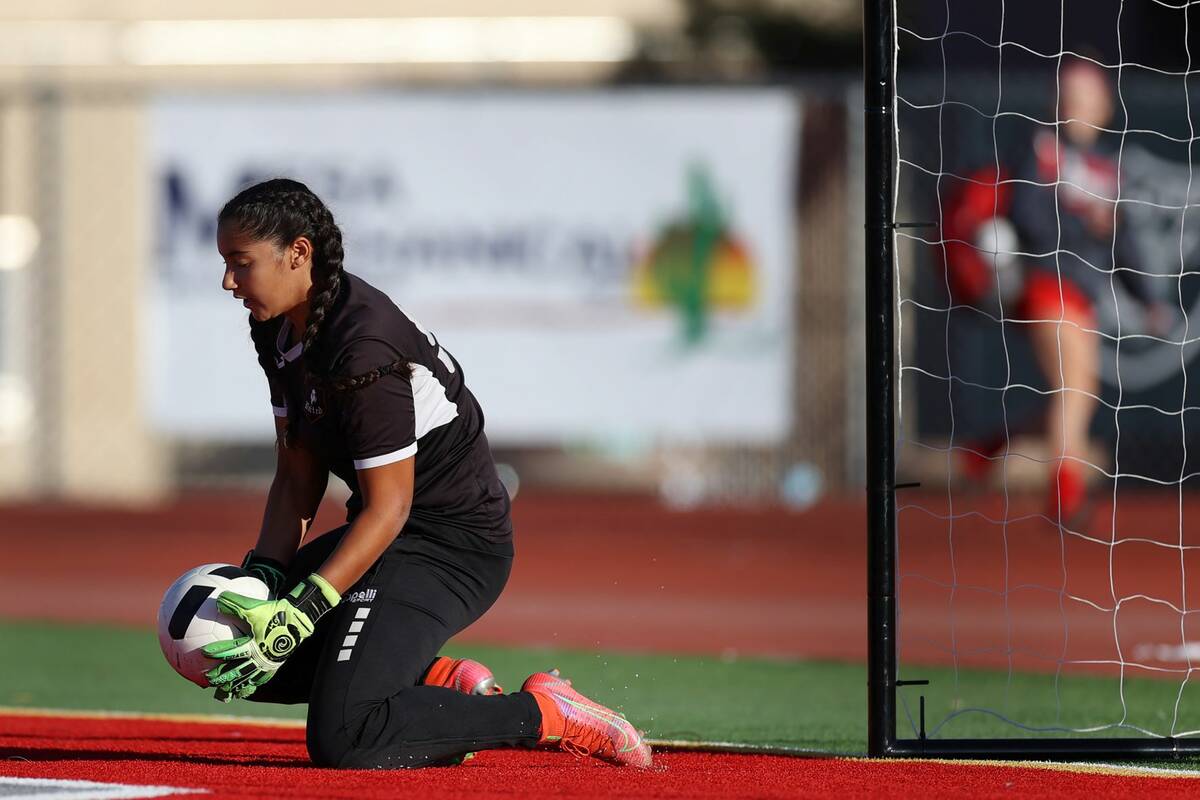 Arbor View's Bebe Harris (99) makes a stop against Arbor View during the first half of a girl's ...