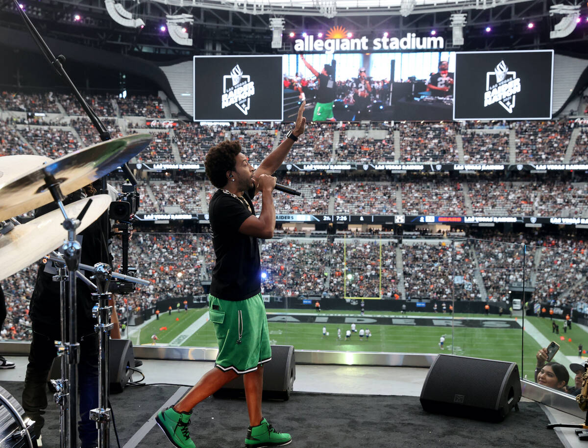Ludacris performs during halftime as the Raiders take on the Chicago Bears at Allegiant Stadium ...