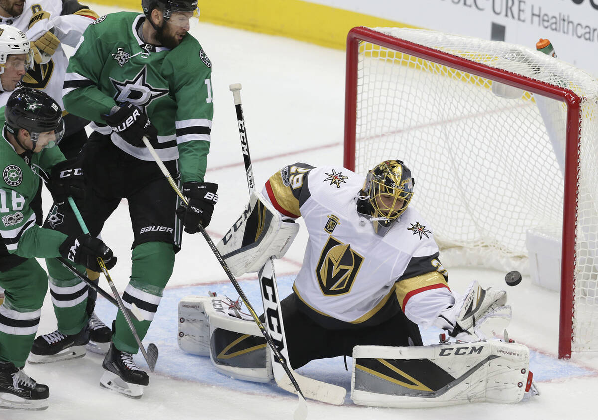 Vegas Golden Knights goalie Marc-Andre Fleury (29) blocks a shot during the second period of an ...