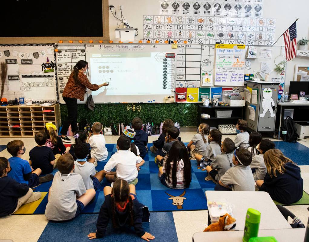 Mia McLean, a first grade teacher at Pinecrest Academy Inspirada, teaches, on Monday, Oct. 11, ...