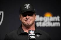 Raiders head coach Jon Gruden addresses the media after an NFL football game against the Chicag ...