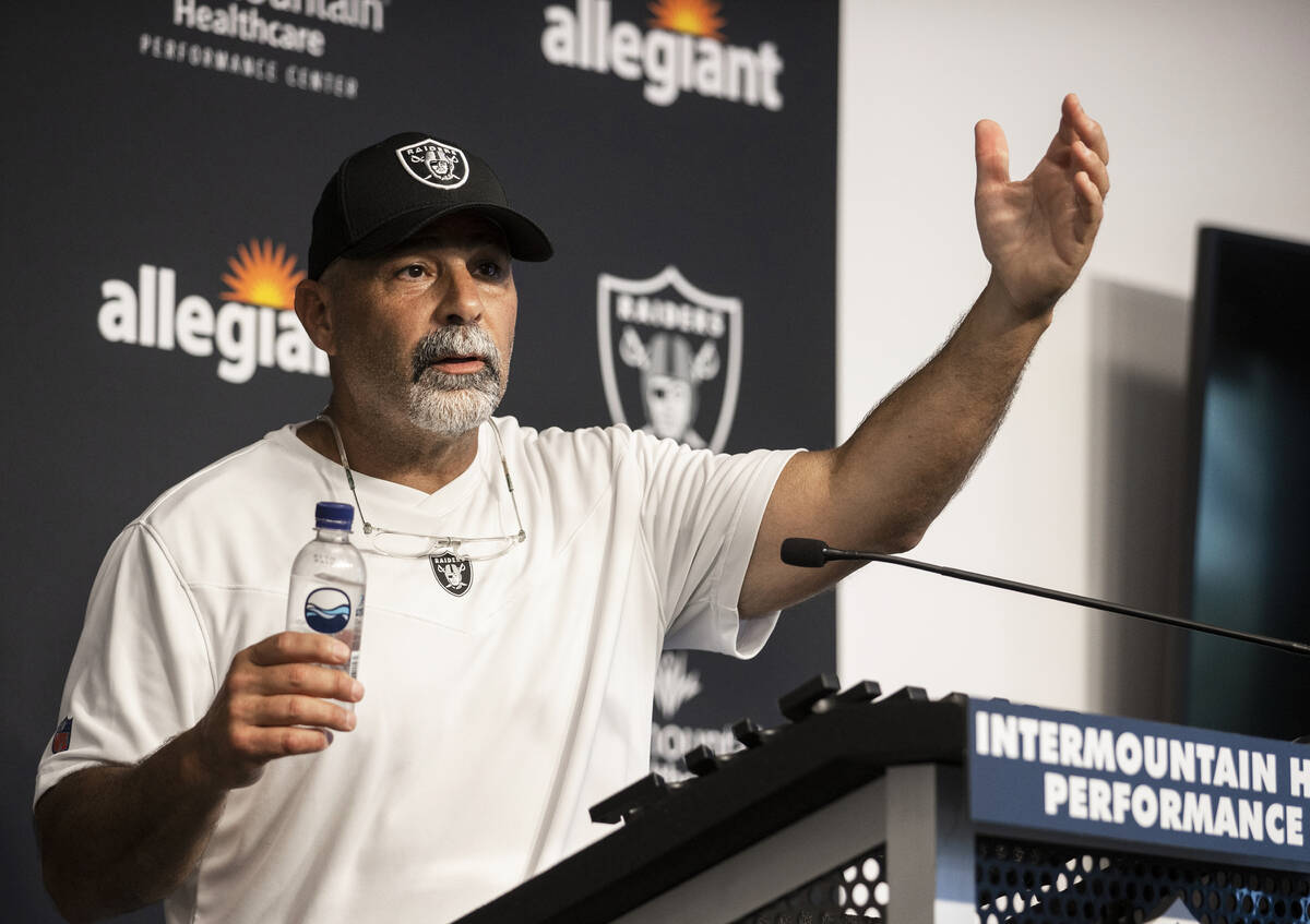 Raider special teams coach Rich Bisaccia speaks to the media after training camp on Monday, Aug ...