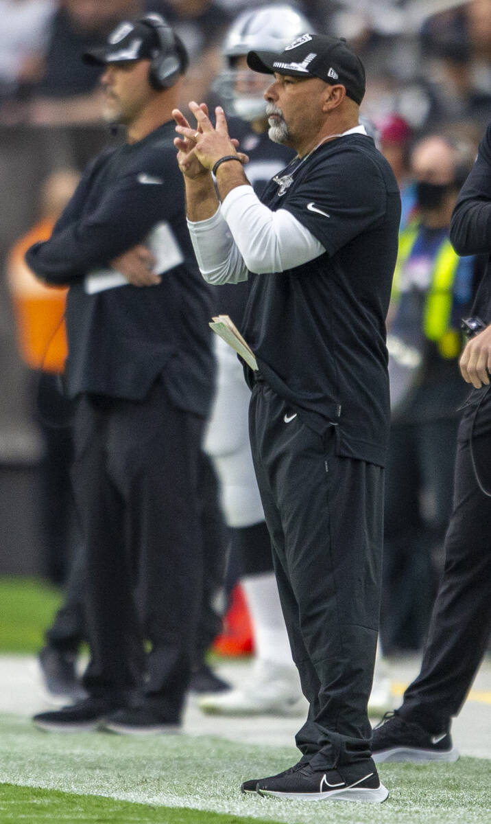 Raiders special teams and assistant coach Rich Bisaccia coaches from the sideline during the fi ...