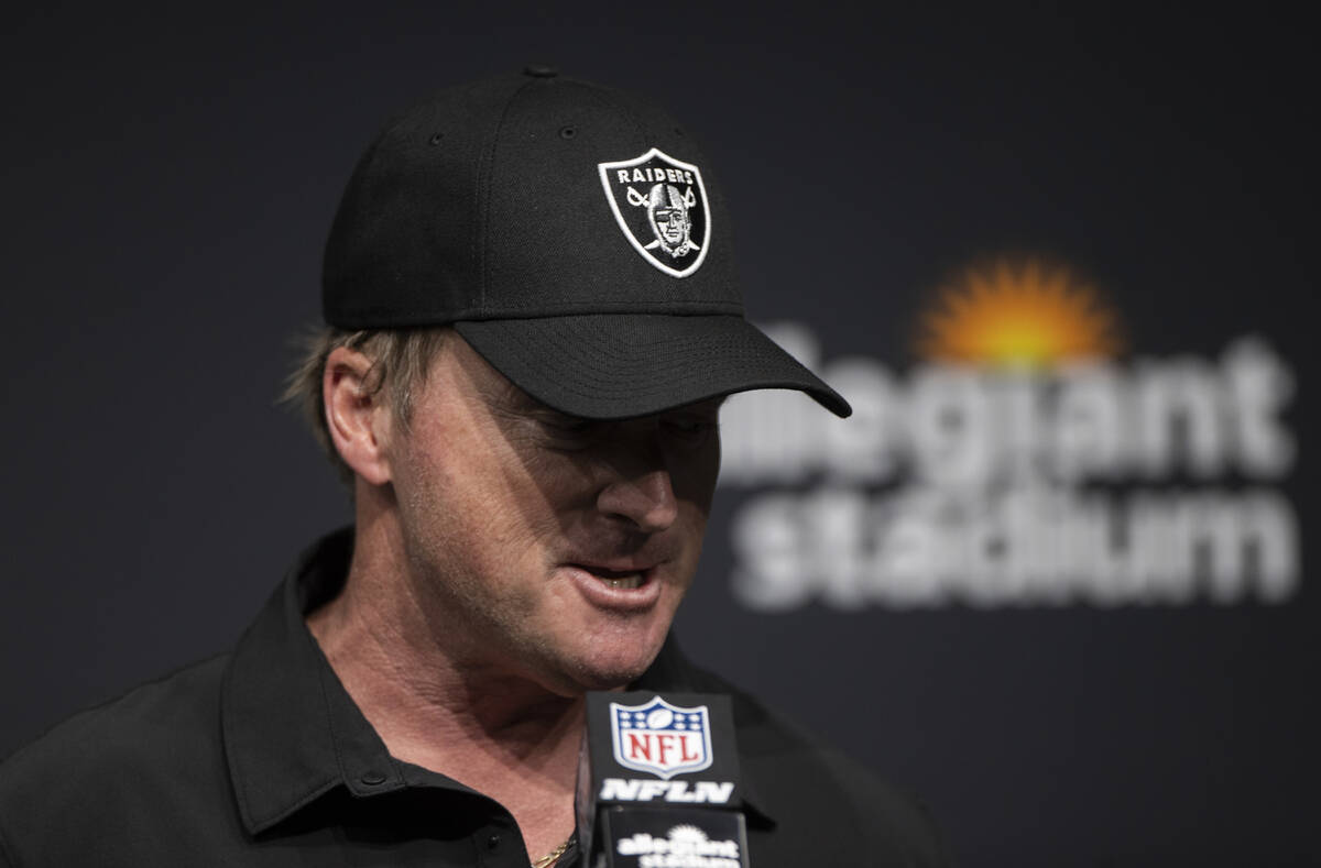 Raiders head coach Jon Gruden addresses the media after an NFL football game against the Chicag ...