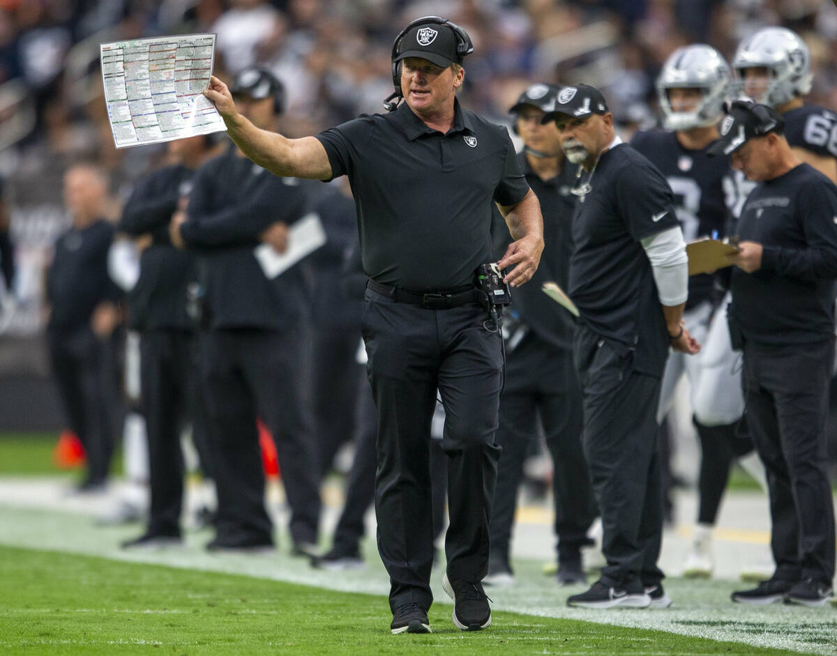 Raiders head coach Jon Gruden on the sideline during the first quarter of an NFL football game ...