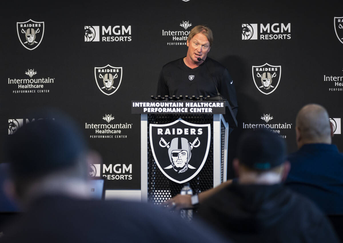 Raiders head coach Jon Gruden responds to questions from the media at Raiders Headquarters/Inte ...