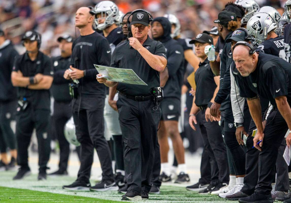 Raiders head coach Jon Gruden on the sideline during the first quarter of an NFL football game ...