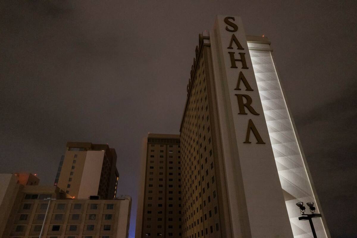 Sahara Las Vegas is largely dark during a partial power outage on Monday, Oct. 11, 2021, in Las ...