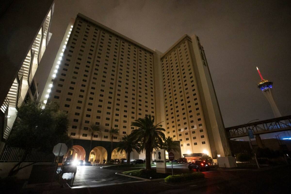Sahara Las Vegas is largely dark during a partial power outage on Monday, Oct. 11, 2021, in Las ...