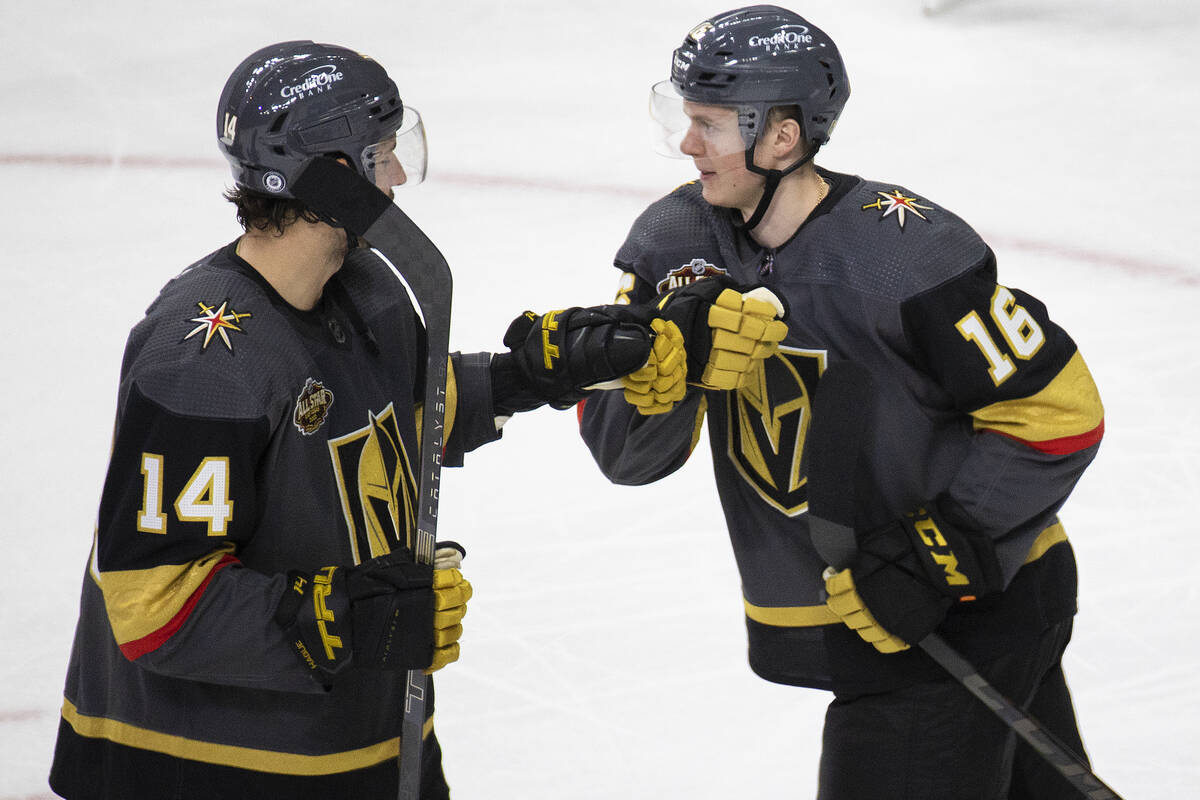 Vegas Golden Knights right wing Pavel Dorofeyev (16) celebrates with Vegas Golden Knights defen ...