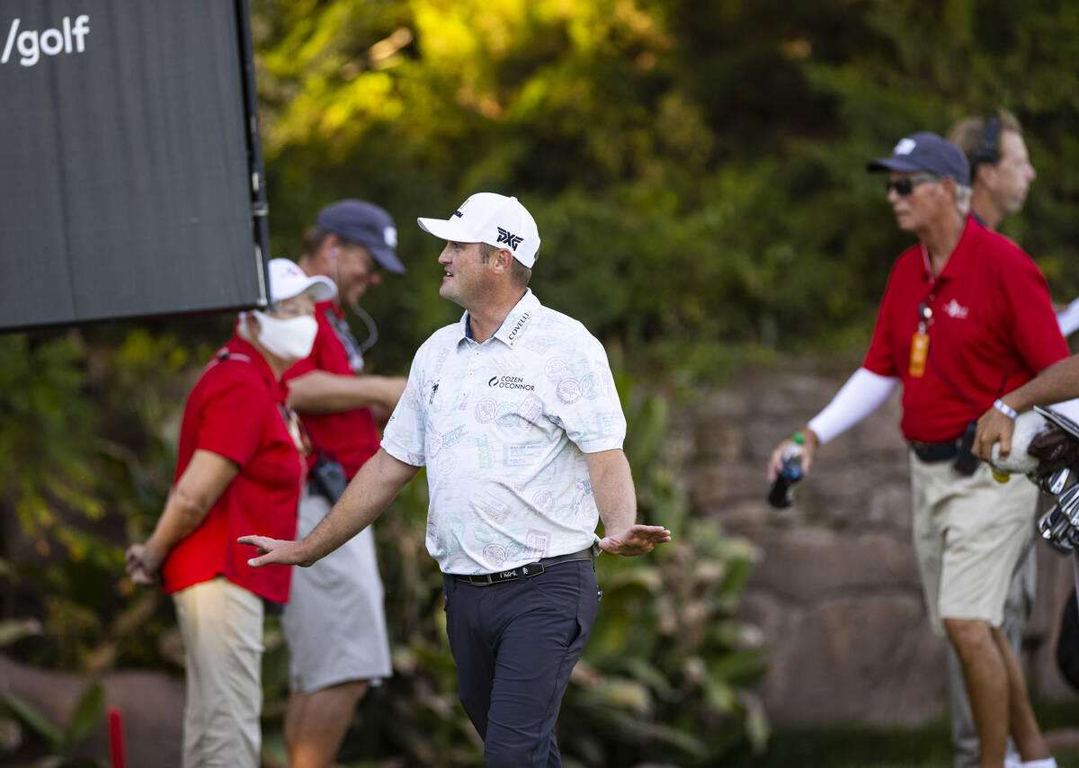 Jason Kokrak reacts after completing the final round of the CJ Cup at the Shadow Creek Golf Cou ...