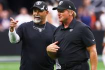 Rick Bisaccia, who was named interim head coach for the Raiders, is pictured with former head c ...