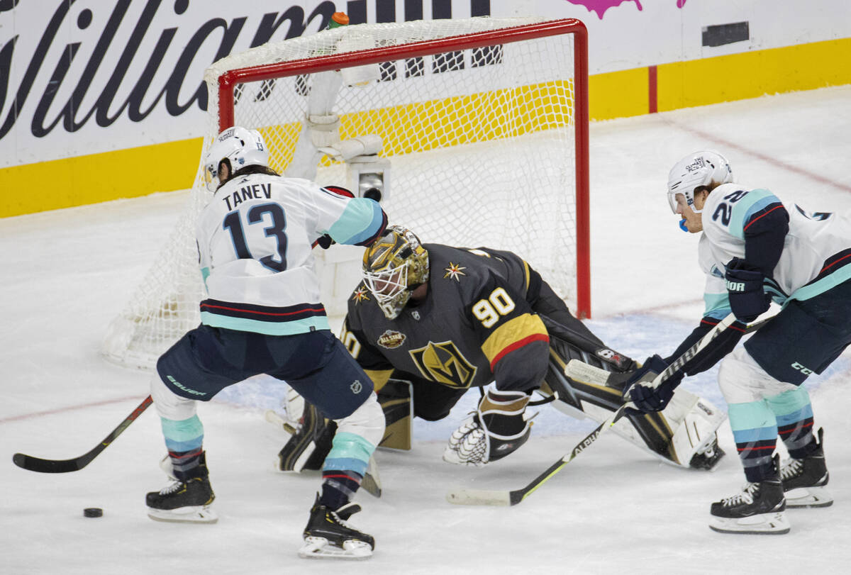 Vegas Golden Knights goaltender Robin Lehner (90) makes a save against Seattle Kraken left wing ...