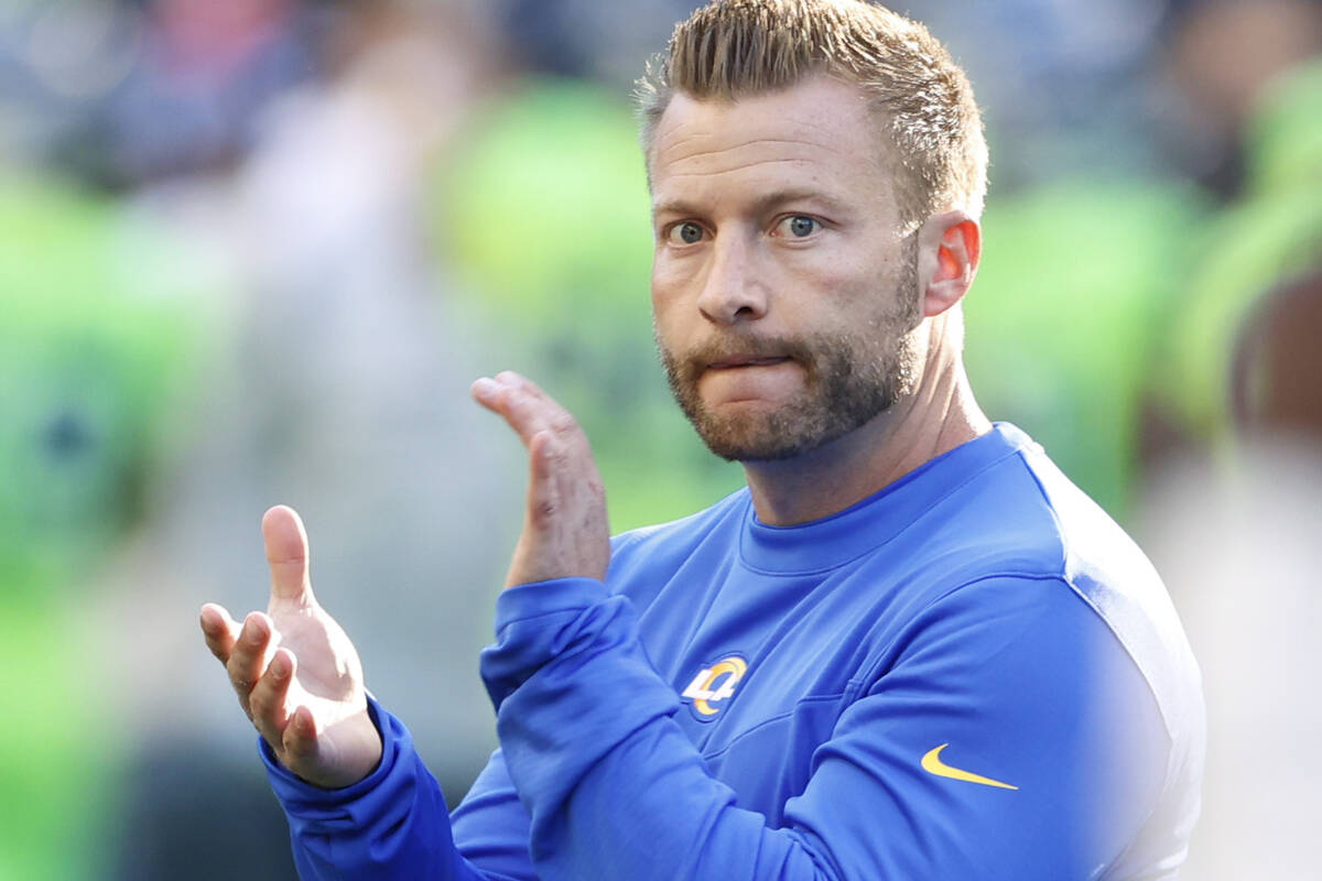 Los Angeles Rams head coach Sean McVay reacts on the field during warmups before an NFL footbal ...