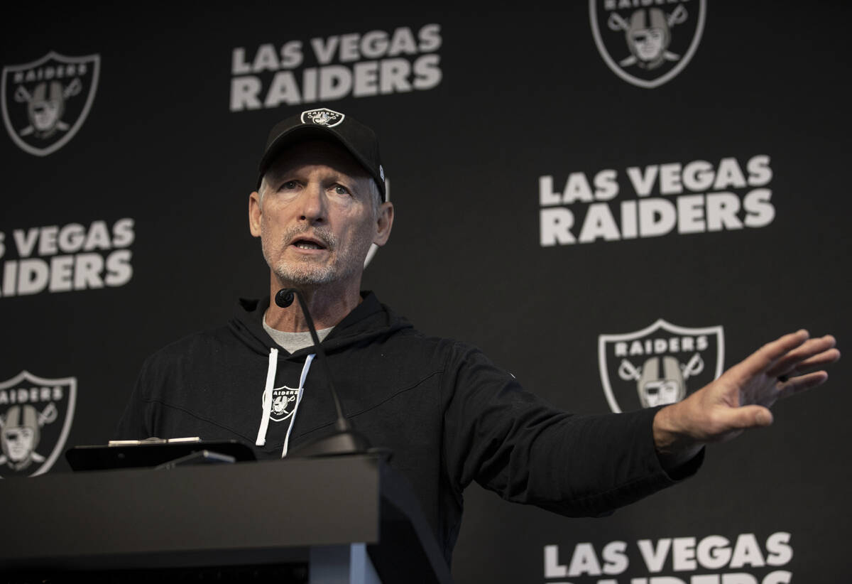 General manager Mike Mayock addresses the media before practice on Wednesday, Oct. 13, 2021, at ...