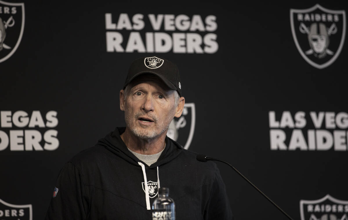 General manager Mike Mayock addresses the media before practice on Wednesday, Oct. 13, 2021, at ...