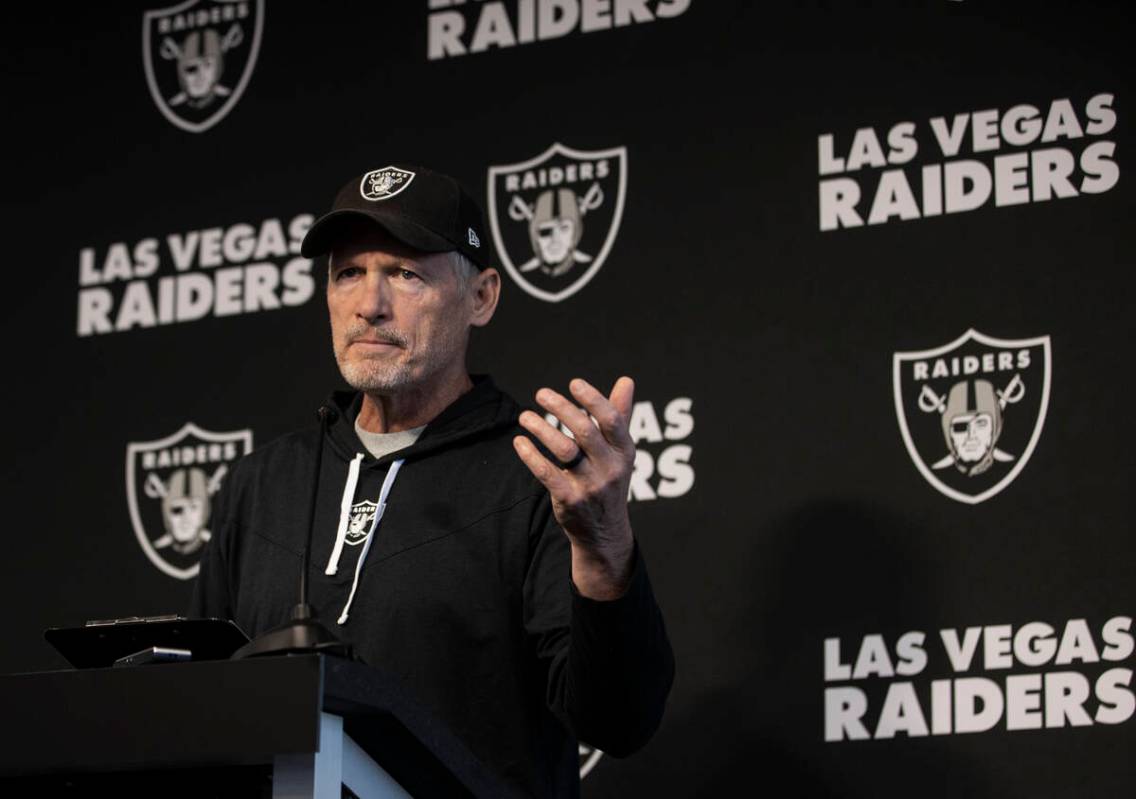 General manager Mike Mayock addresses the media before practice on Wednesday, Oct. 13, 2021, at ...