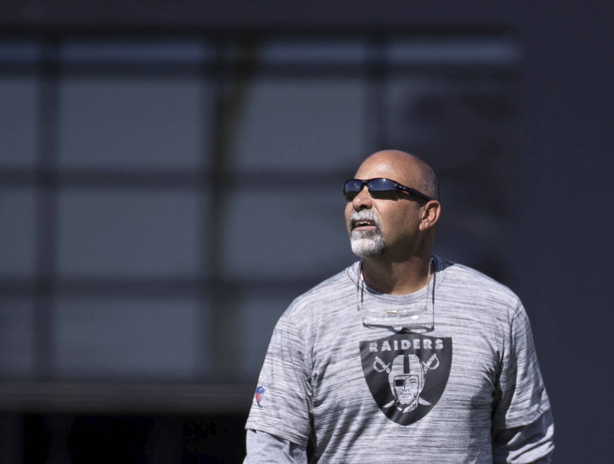 Raiders interim head coach Rich Bisaccia during practice on Wednesday, Oct. 13, 2021, at Raide ...