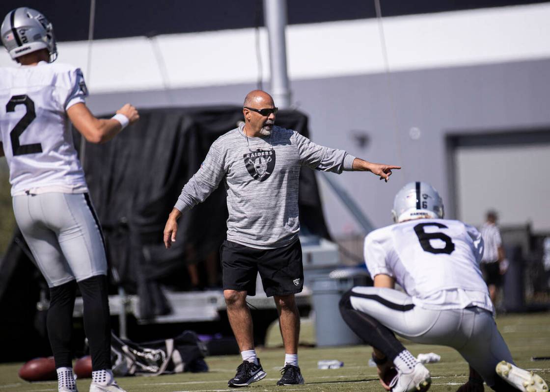 Raiders interim head coach Rich Bisaccia during practice on Wednesday, Oct. 13, 2021, at Raide ...