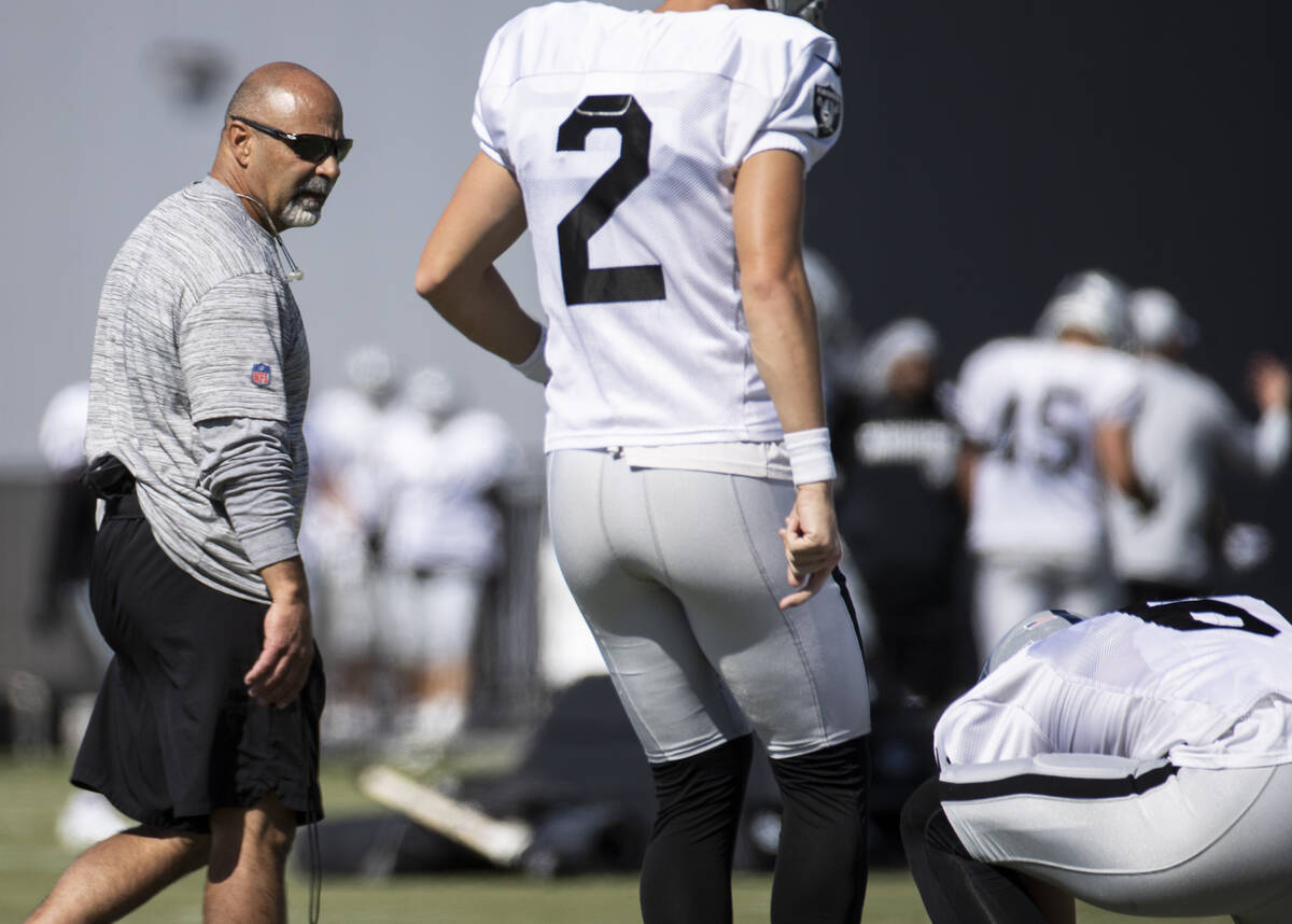 Raiders interim head coach Rich Bisaccia during practice on Wednesday, Oct. 13, 2021, at Raide ...
