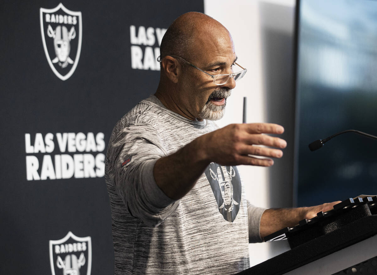Raiders interim head coach Rich Bisaccia addresses the media after practice on Wednesday, Oct. ...