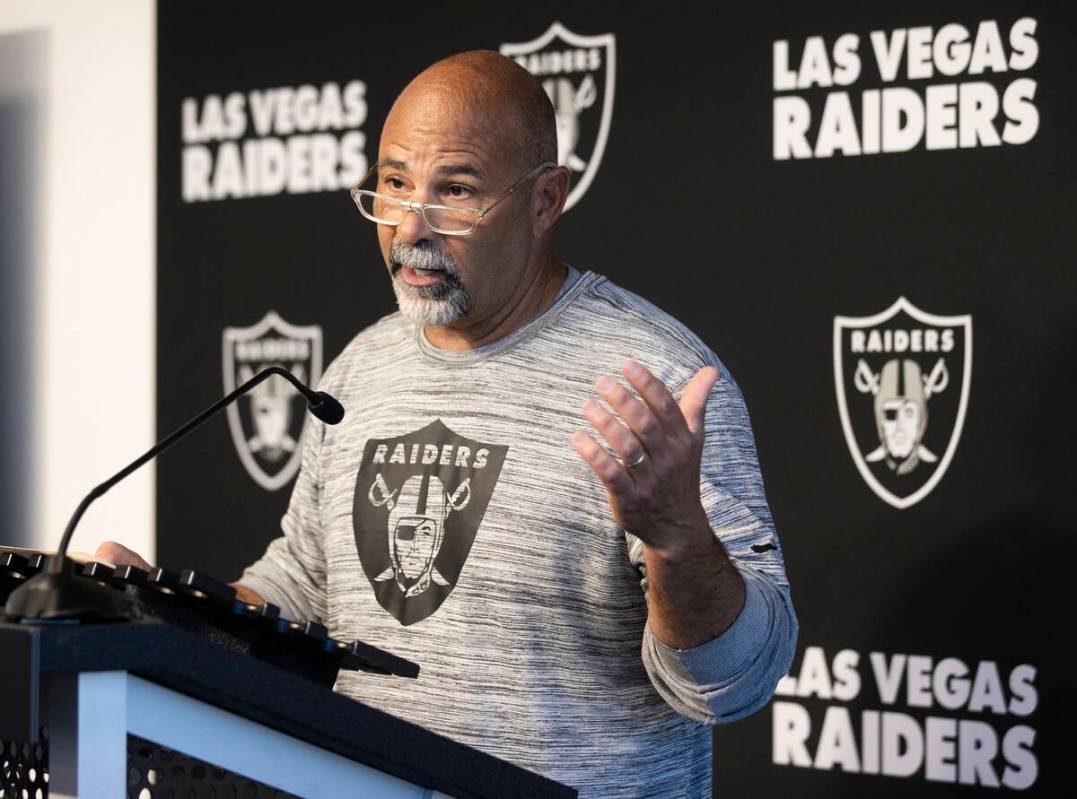Raiders interim head coach Rich Bisaccia addresses the media after practice on Wednesday, Oct. ...