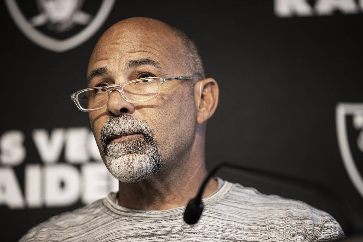 Raiders interim head coach Rich Bisaccia addresses the media after practice on Wednesday, Oct. ...