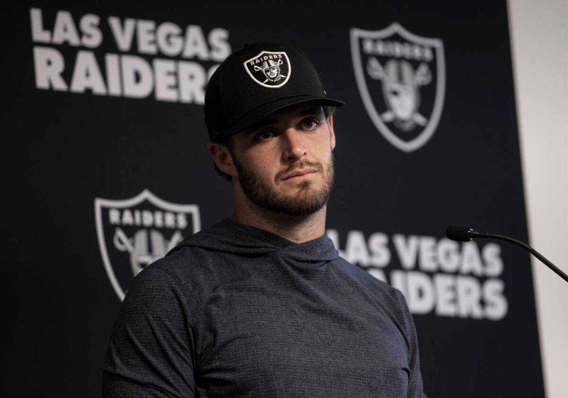 Raiders quarterback Derek Carr addresses the media after practice on Wednesday, Oct. 13, 2021, ...