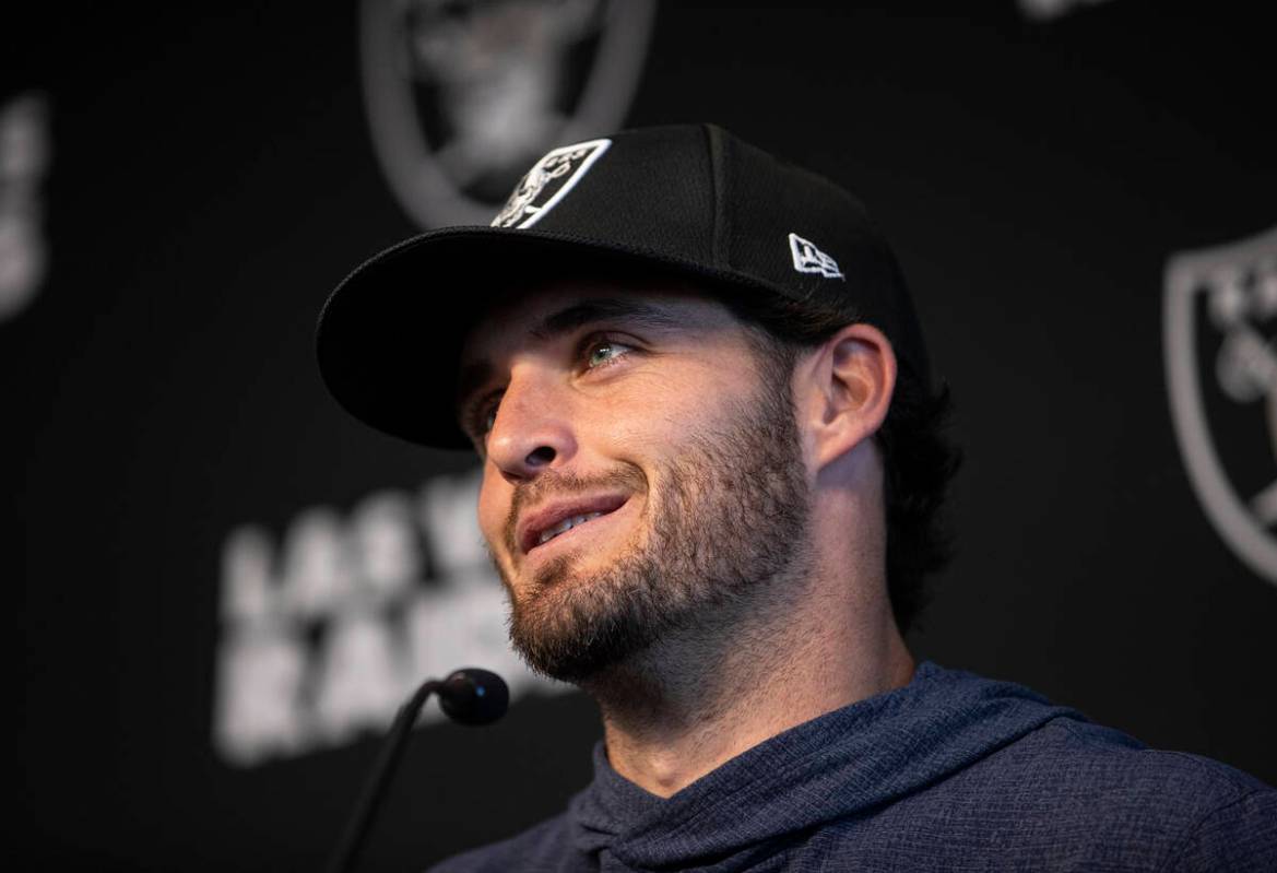 Raiders quarterback Derek Carr addresses the media after practice on Wednesday, Oct. 13, 2021, ...