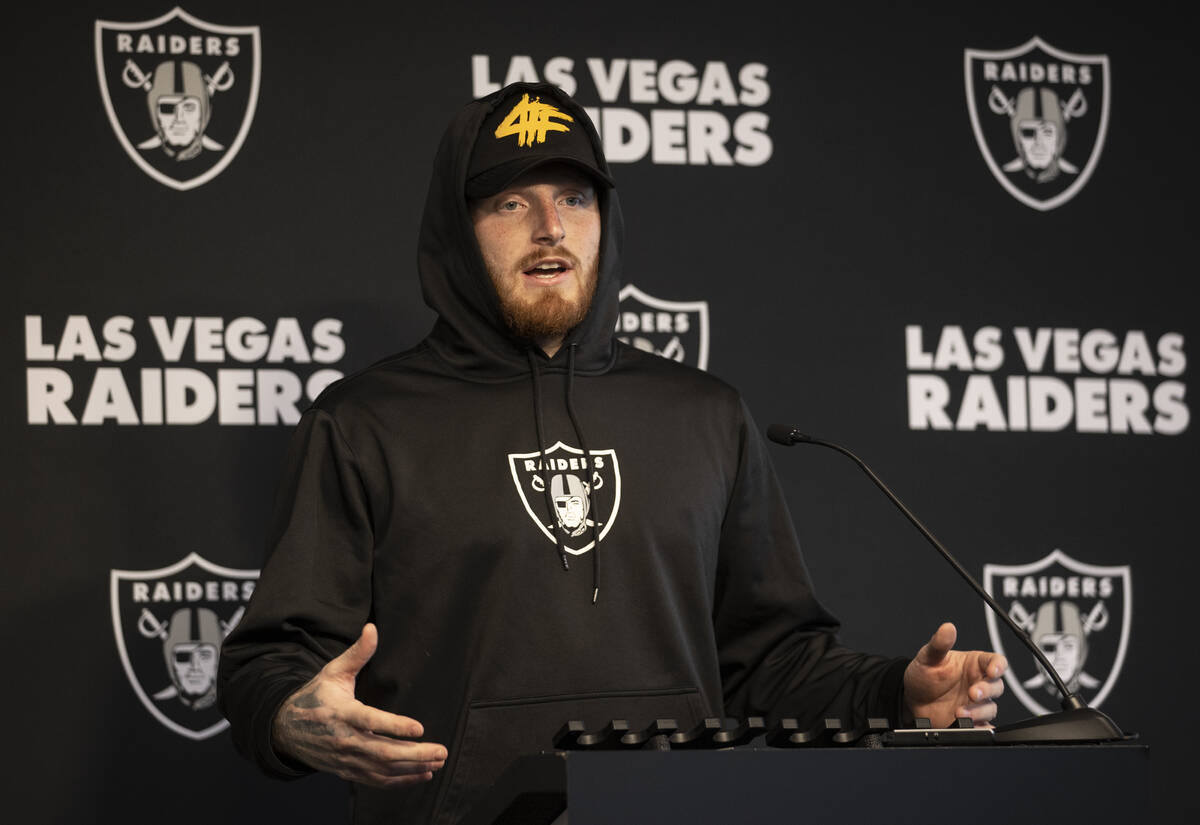 Raiders defensive end Maxx Crosby addresses the media after practice on Wednesday, Oct. 13, 202 ...