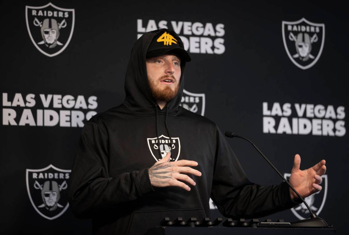 Raiders defensive end Maxx Crosby addresses the media after practice on Wednesday, Oct. 13, 202 ...