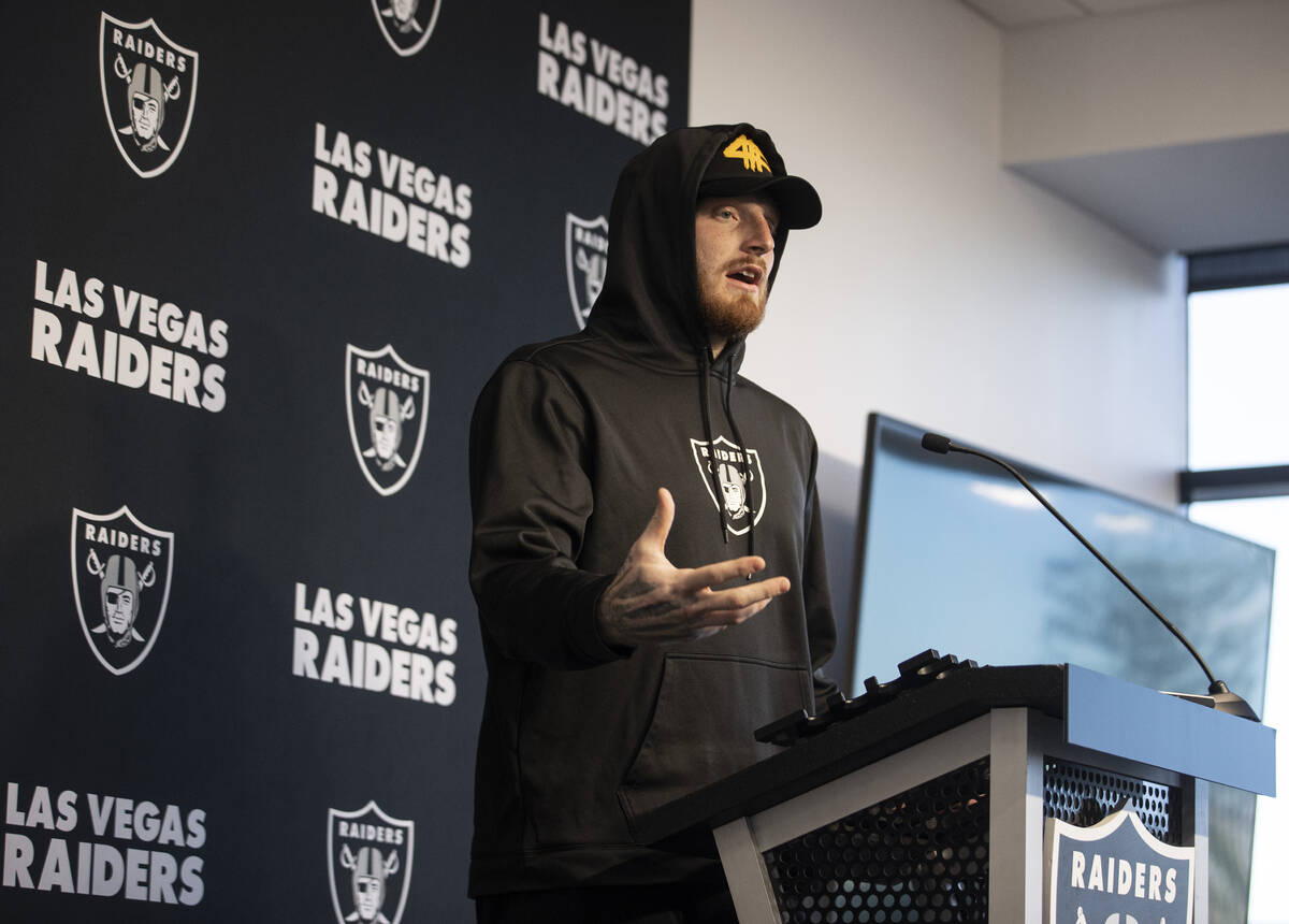 Raiders defensive end Maxx Crosby addresses the media after practice on Wednesday, Oct. 13, 202 ...