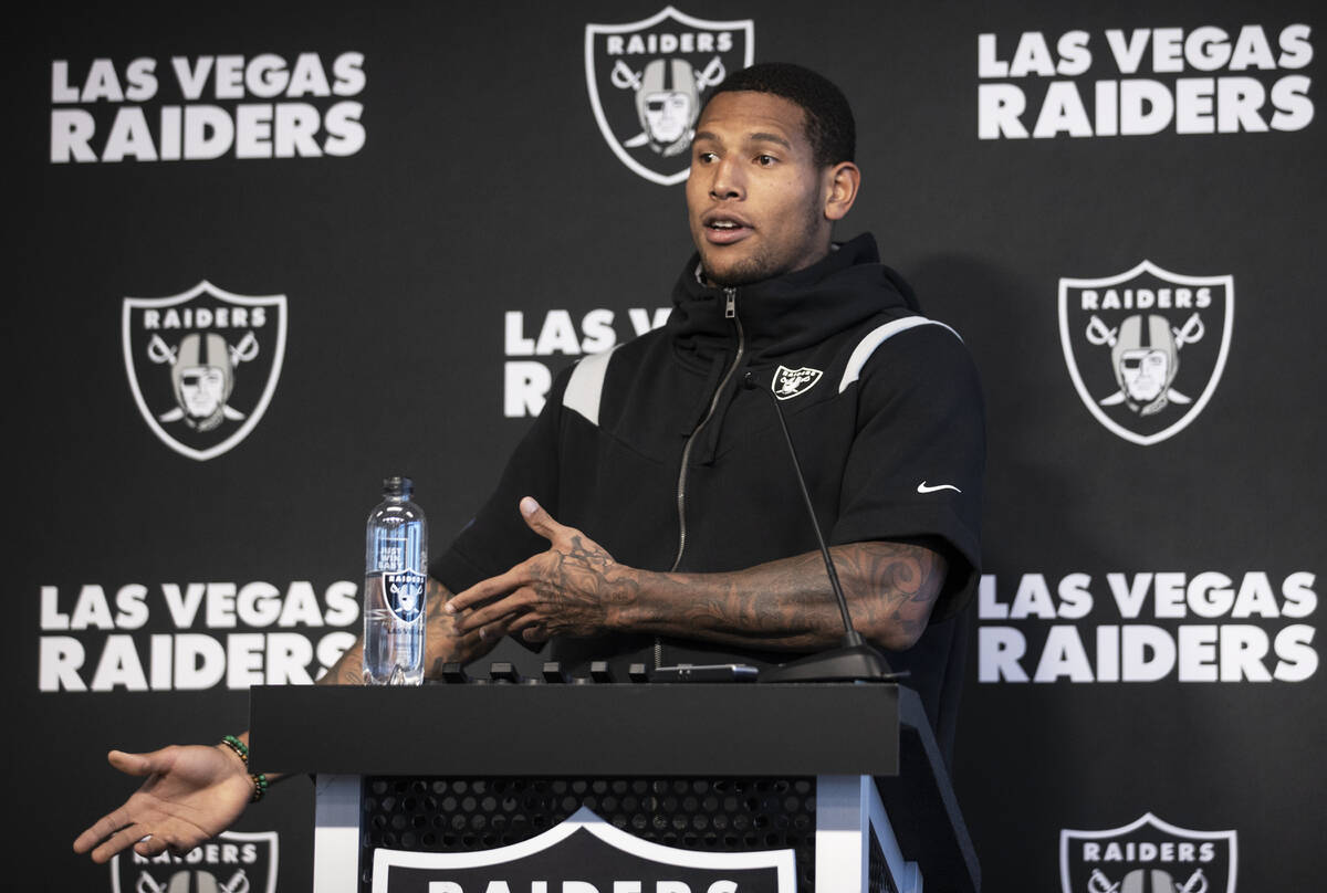 Raiders tight end Darren Waller addresses the media after practice on Wednesday, Oct. 13, 2021, ...
