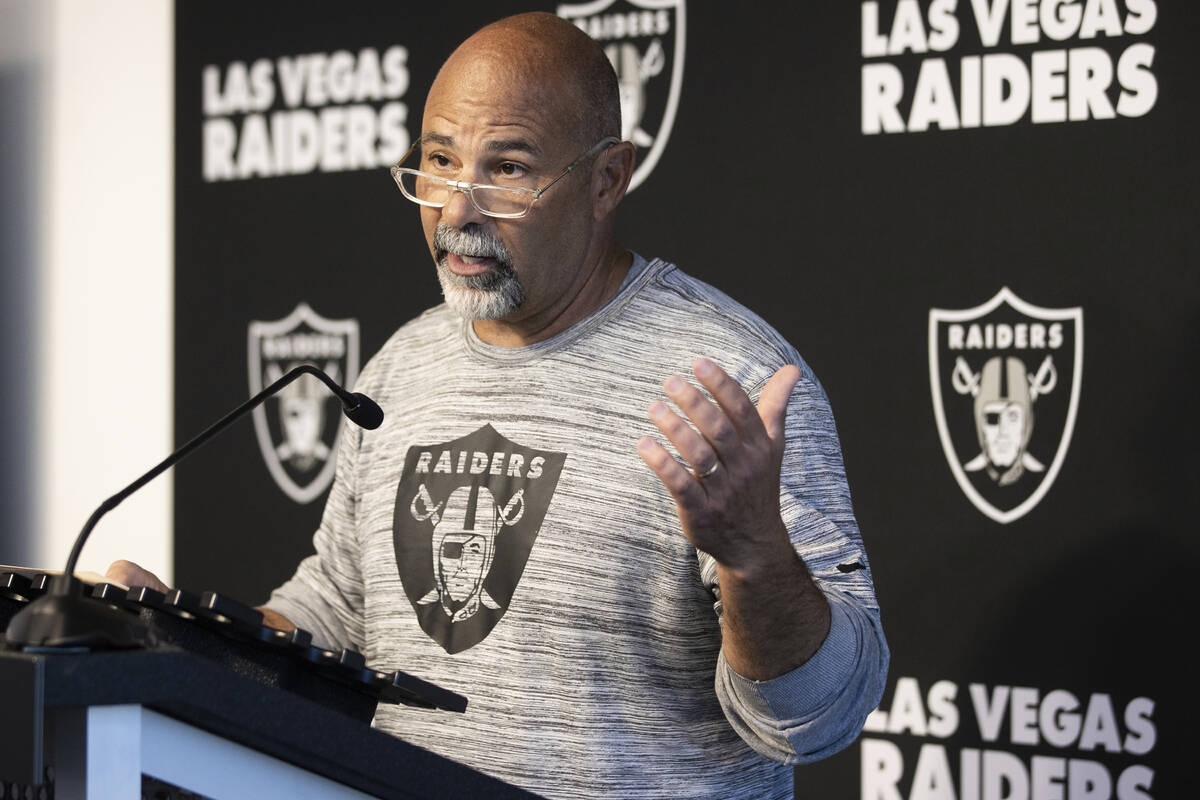 Raiders interim head coach Rich Bisaccia addresses the media after practice on Wednesday, Oct. ...