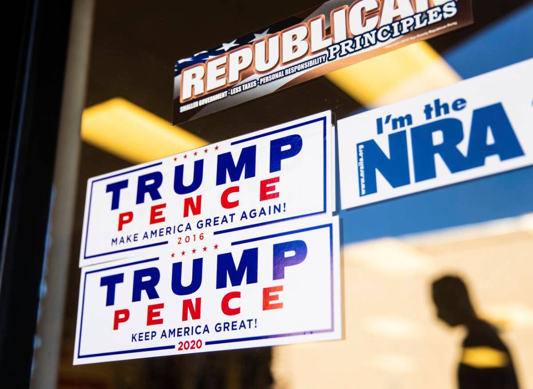 Signage outside the Nye County Republican Central Committee office on Monday, Jan. 11, 2021, in ...